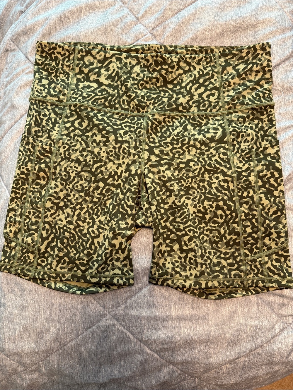 Athleta Green Camo High-Rise Bike Shorts